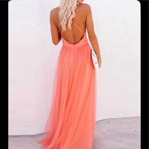 Charlotte russe neon coral pink peach gown lace backless crisscross maxi dress